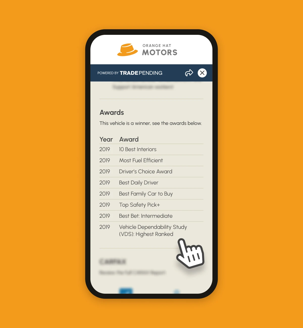 TradePending AutoBio is an all-in-one sales tool that automatically shows the awards the vehicle on your lot has won