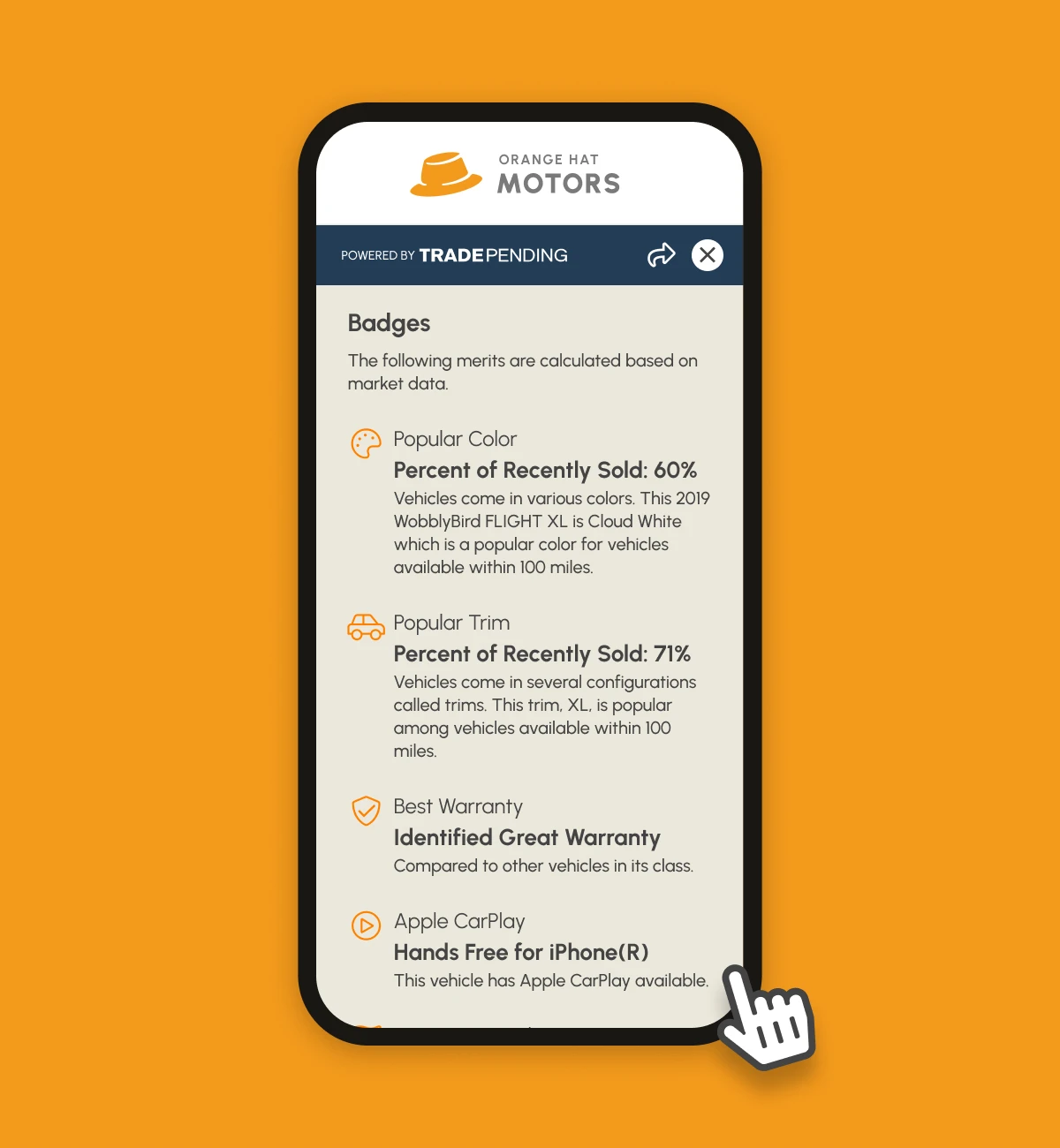 TradePending AutoBio is an all-in-one sales tool that automatically highlights the unique aspects for the vehicles on your lot with Badges