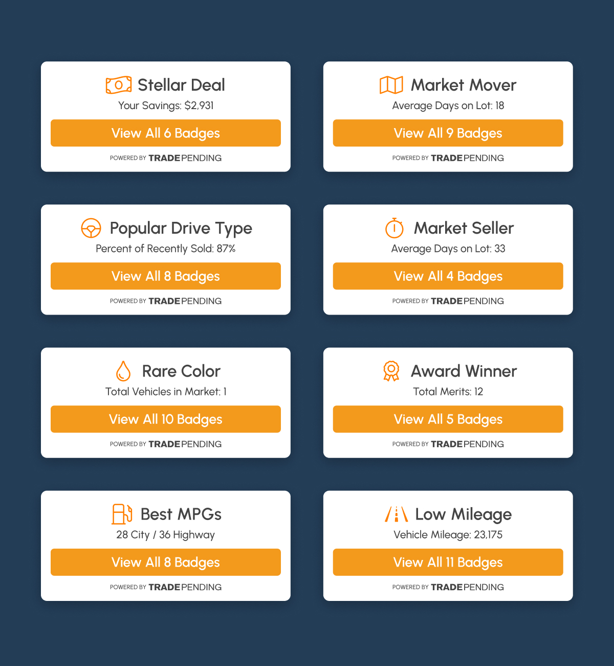 TradePending Badges highlight important vehicle attributes
